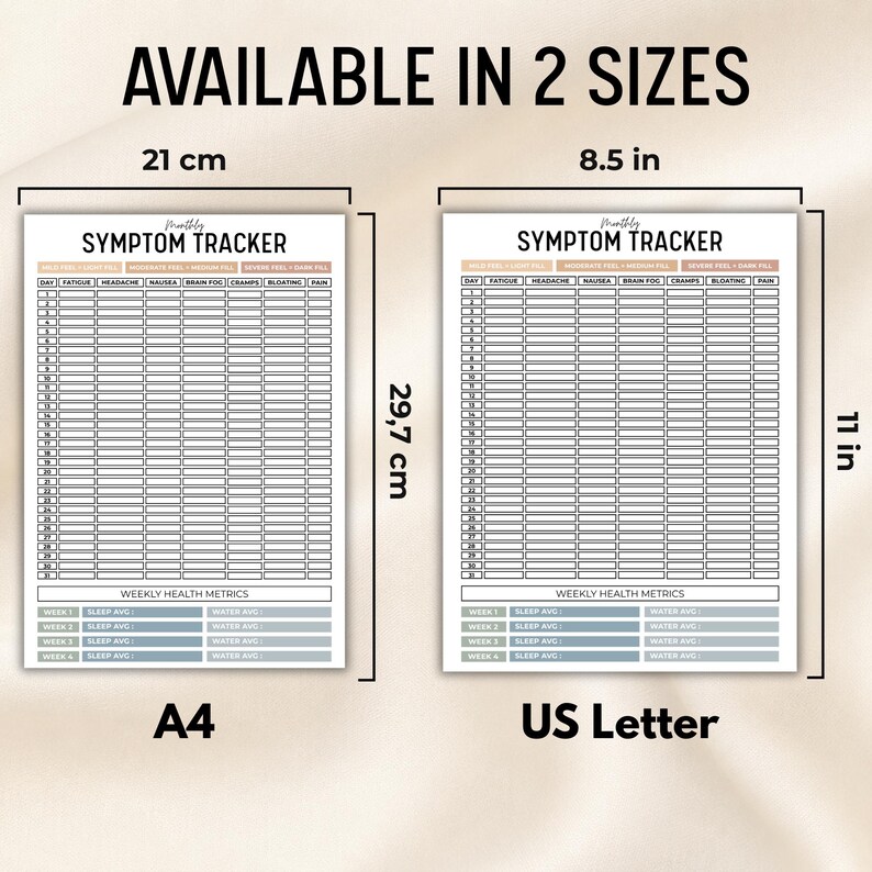 Puede incluir: Dos tablas de seguimiento de s&iacute;ntomas mensuales con texto negro sobre papel blanco. La tabla izquierda mide 21 cm por 29,7 cm, etiquetada como A4. La tabla derecha mide 8,5 pulgadas por 11 pulgadas, etiquetada como US Letter. Incluye fatiga y dolor.