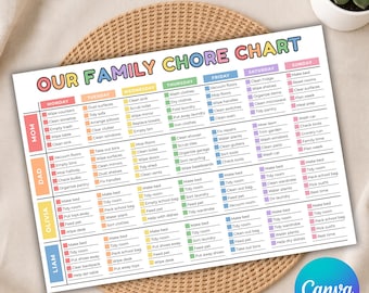 May include: A rectangular family chore chart printed on white paper with a colourful header reading OUR FAMILY CHORE CHART. The grid organises tasks by day of the week and family member, including rows for Mom, Dad, Olivia, and Liam with checkboxes.