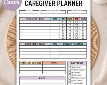 Planificador para cuidadores imprimible, registro diario para cuidadores, seguimiento de medicamentos, lista de verificación para el cuidado de personas mayores, registro de atención domiciliaria para personas mayores, PDF editable de Canva
