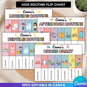 May include: A set of four printable flip charts for children featuring Emma's Morning Routine, Afternoon Routine, Bedtime Routine, and Chore Chart. Each chart includes colorful illustrations, task labels, and circular checkboxes for tracking daily activities.