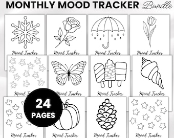 Mood Tracker Bundle, 12 Monthly Mood Trackers Printable, Filled + Blank, Mental Health Journal, Bullet Journal Tracker, A4 A5 Mood Chart