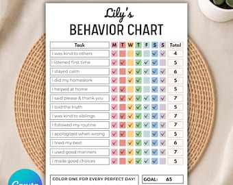 Behavior Chart for Kids, Reward Chart Printable, Editable Behavior Tracker, Kids Chore Chart, Good Behavior Chart, Canva Template