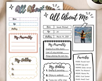 All About Me Printable, About Me Journal Page, Self Discovery Worksheet, Get To Know Me Page, Aesthetic Bujo Insert, A4 A5 PDF