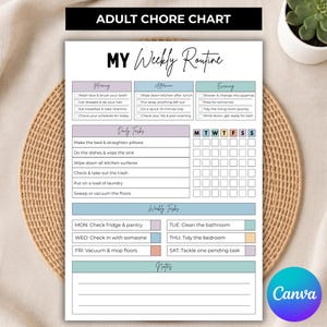 May include: A white paper adult chore chart titled MY Weekly Routine with sections for morning, afternoon, and evening tasks, daily tasks with a seven-day grid, weekly tasks for each day of the week, and a notes section at the bottom with lines.