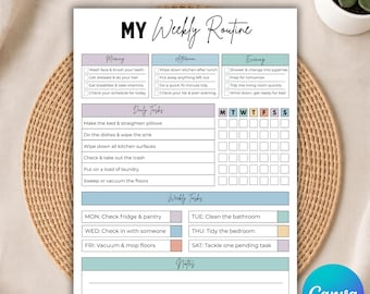 May include: A white paper adult chore chart titled MY Weekly Routine with sections for morning, afternoon, and evening tasks, daily tasks with a seven-day grid, weekly tasks for each day of the week, and a notes section at the bottom with lines.