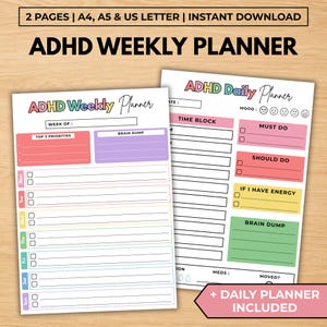 Könnte beinhalten: Zwei druckbare Planerseiten mit den Titeln ADHD Weekly Planner und ADHD Daily Planner. Das Wochenlayout enthält Abschnitte für Prioritäten und Brain Dump. Das Tageslayout bietet Zeitblöcke, Stimmungs-Tracker und Aufgabenkategorien wie Must Do und Should Do.