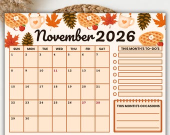 November 2026 Calendar Printable | Monthly Wall Calendar | Family Planner Landscape | Sunday Monday Start | Illustrated Calendar