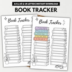 May include: A printable book tracker sheet featuring two stacks of illustrated books, a potted plant, and glasses. The header reads Book Tracker. One stack includes colored book spines with titles: The Seven Husbands of Evelyn Hugo, Daisy Jones & The Six, Normal People, The Silent Patient, and It Ends with Us.
