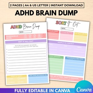 Puede incluir: Dos páginas de planificador ADHD Brain Dump imprimibles en tamaños A4 y US Letter. Las hojas presentan secciones coloridas para realizar un seguimiento de los niveles de agobio, tareas diarias, contactos y pensamientos con varios títulos.