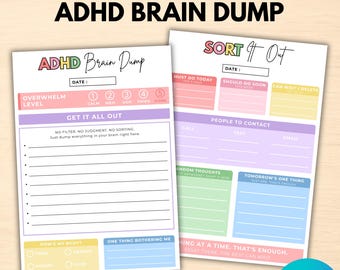 May include: Two printable ADHD brain dump planner pages in A4 and US Letter sizes. The sheets feature colorful sections for tracking overwhelm levels, daily tasks, people to contact, and random thoughts with prompts like Get It All Out and Sort It Out.
