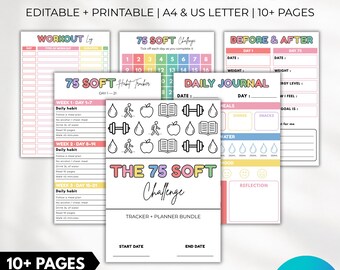 Paquete de 75 retos suaves imprimibles/editables en Canva / Diario, registro de entrenamiento y consumo de agua / Tamaño A4 Carta de EE. UU.
