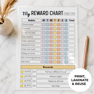 May include: A laminated reward chart titled My Reward Chart with a grid for tracking daily habits like drinking water and exercising. It includes columns for days of the week, a total column, and a section for rewards with point values.