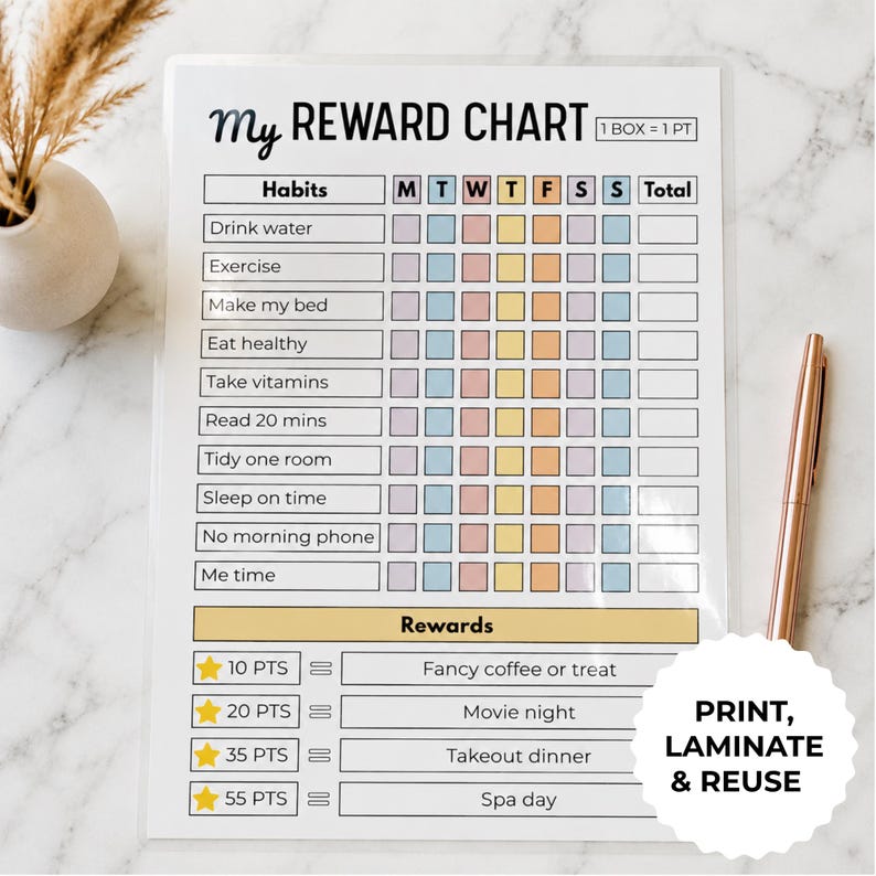 May include: A laminated reward chart titled My Reward Chart with a grid for tracking daily habits like drinking water and exercising. It includes columns for days of the week, a total column, and a section for rewards with point values.