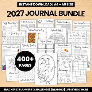 May include: A 2027 journal bundle digital download featuring A4 and A5 size printable pages. The collection includes trackers for habits, books, moods, and food, plus vision boards, calendars, and goal sheets with black and white line art.