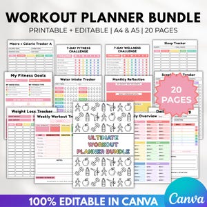 Può includere: Un insieme di pagine stampabili per la pianificazione degli allenamenti, inclusi tracker per obiettivi di fitness, perdita di peso e panoramiche giornaliere. Il pacchetto presenta un design colorato con il testo "ULTIMATE WORKOUT PLANNER BUNDLE".