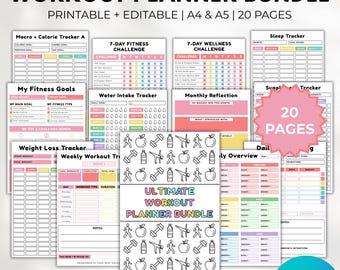 Paquete imprimible de planificador de entrenamiento / Diario de fitness editable en Canva / Seguimiento de pérdida de peso / Registro de macronutrientes / A4 A5