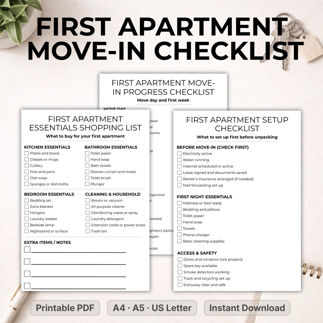 First Apartment Checklist Printable Bundle, Apartment Move in Checklist ...