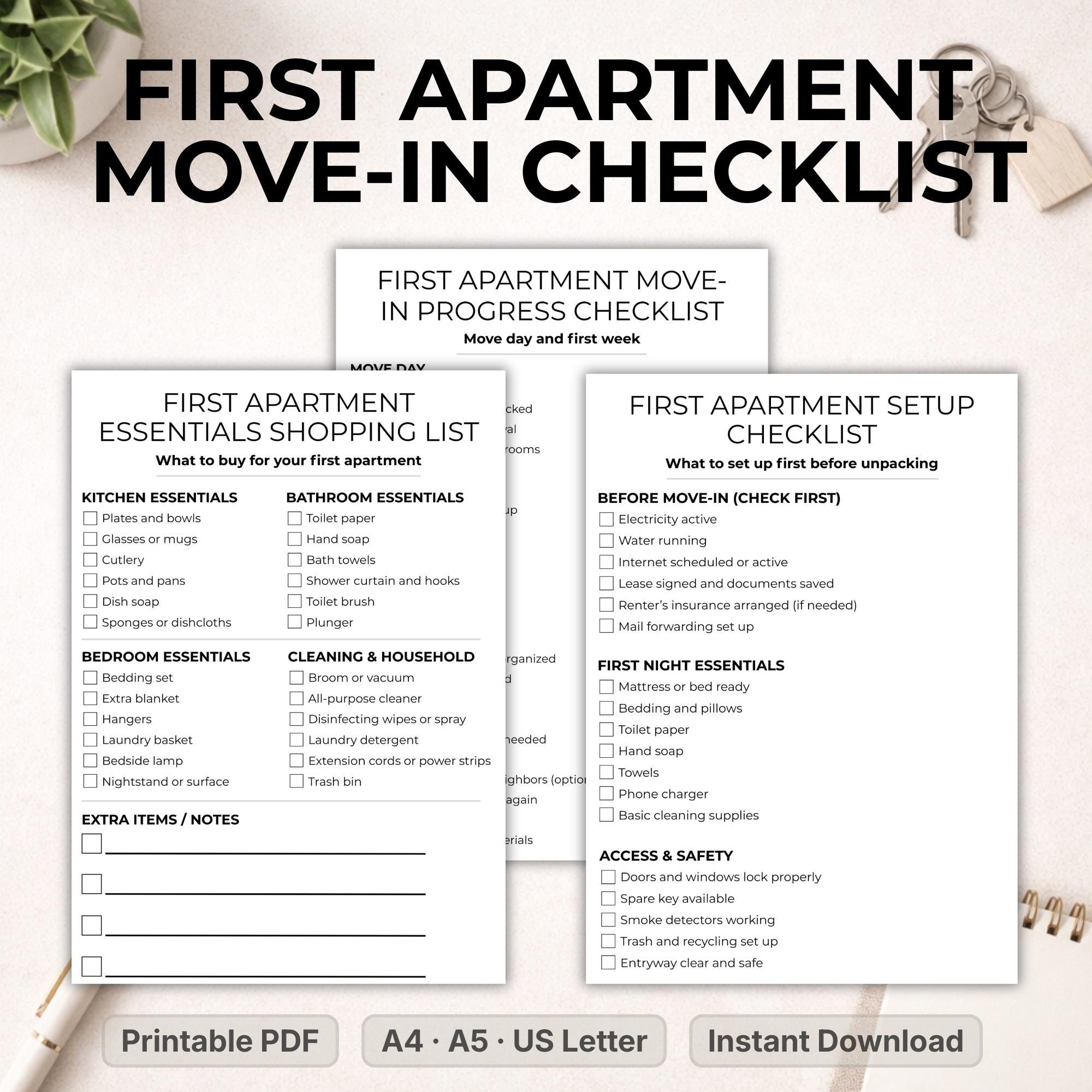 First Apartment Checklist Printable Bundle, Apartment Move in Checklist ...
