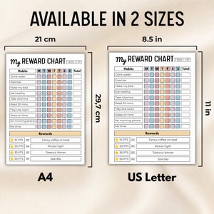 May include: Two reward charts titled My Reward Chart with columns for habits and rewards. The A4 size measures 21 cm by 29.7 cm, and the US Letter size measures 8.5 inches by 11 inches. Both charts feature colored boxes for tracking daily habits.