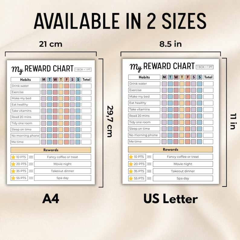 May include: Two reward charts titled My Reward Chart with columns for habits and rewards. The A4 size measures 21 cm by 29.7 cm, and the US Letter size measures 8.5 inches by 11 inches. Both charts feature colored boxes for tracking daily habits.