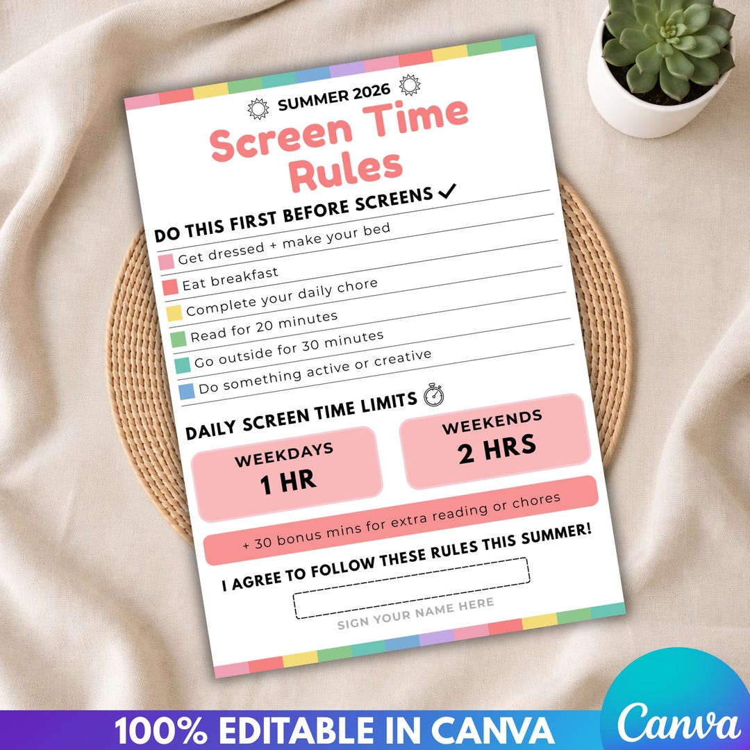 Summer Screen Time Rules Printable for Kids | Editable Screen Time ...