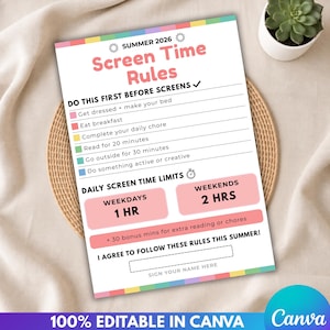 May include: A printable Summer 2026 Screen Time Rules chart featuring a checklist for daily tasks including getting dressed, eating breakfast, chores, reading for 20 minutes, outdoor time for 30 minutes, and active play, with defined weekday and weekend limits.