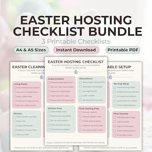May include: A printable Easter Hosting Checklist Bundle with three checklists for Easter preparation. Includes checklists for cleaning, hosting, and table setup. Available in A4 and A5 sizes as an instant PDF download.
