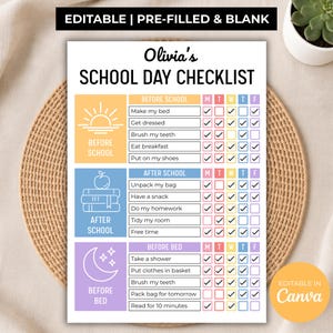 以下が含まれることがあります： Olivia's SCHOOL DAY CHECKLISTというタイトルの学校用チェックリスト。登校前、下校後、就寝前のセクションがあり、太陽、本、月のアイコンと月曜日から金曜日までのチェックボックスが記載されています。