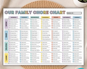 Family Chore Chart Printable, Adult & Kids Chore Chart, Weekly Cleaning Schedule, Editable Household Chore List, Family of 2 3 4 5 6