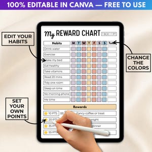 May include: A digital reward chart displayed on a tablet screen featuring a list of habits, a weekly tracking grid with colored boxes, and a rewards section with point values. Text includes 100% EDITABLE IN CANVA, FREE TO USE, EDIT YOUR HABITS, CHANGE THE COLORS, SET YOUR OWN POINTS, My REWARD CHART, 1 BOX = 1 PT, Habits, Rewards, and various habit and reward labels.
