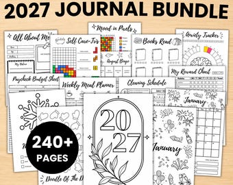 Pack de journaux imprimables 2027, kit Bullet Journal, suivis annuels et mensuels pré-remplis, suivi de l'humeur et des habitudes, journal de lecture, format PDF A4/A5
