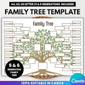 Puede incluir: Una plantilla de árbol genealógico con una ilustración central de un árbol con hojas verdes y ramas marrones. El diseño incluye numerosas cajas rectangulares para nombres, con el texto A4, A3, US LETTER | 5 & 6 GENERATIONS INCLUDED, FAMILY TREE TEMPLATE, Family Tree, 5 & 6 GENERATION FAMILY TREE, 100% EDITABLE IN CANVA.