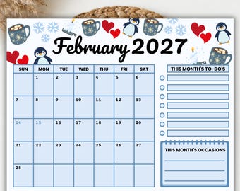 February 2027 Calendar Printable | Monthly Wall Calendar | Family Planner Landscape | Sunday Monday Start | Illustrated Calendar