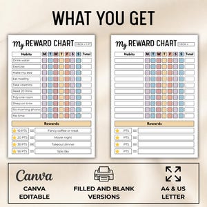 May include: Two printable reward charts titled My Reward Chart with columns for habits, days of the week, and totals. One chart is pre-filled with habits and rewards, while the other is blank. Includes text for Canva editable, A4 and US letter.