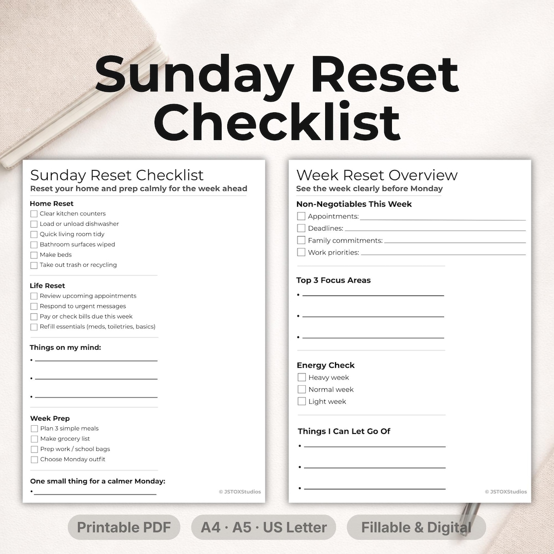 Sunday Reset Checklist.pdf Sunday Reset Checklist Printable | Weekly Reset Planner | Calm Home ...
