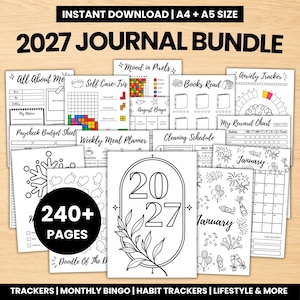 2027 Journal Bundle Printable, Bullet Journal Kit, Premade Yearly Monthly Trackers, Mood & Habit Tracker, Reading Journal, A4 A5 PDF