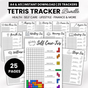 Peut inclure: Un ensemble de trackers numériques comprenant 25 pages avec des grilles sur le thème de Tetris pour la santé, les soins personnels et les finances. Chaque page inclut du texte noir, des icônes et des blocs colorés. En-tête : A4 & A5 | INSTANT DOWNLOAD | 25 TRACKERS.