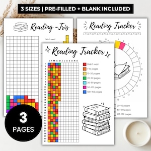 Könnte beinhalten: Drei druckbare Lese-Tracker-Seiten mit schwarz-weißen Strichzeichnungen von Büchern und Rastern. Der Text umfasst Reading-Tris, Reading Tracker und eine farbcodierte Legende für gelesene Seiten. Das Layout zeigt Monatsspalten und nummerierte Zeilen.