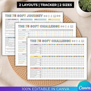 May include: A set of printable habit trackers titled The 75 Soft Journey and The 75 Soft Challenge. The documents feature colorful headers, numbered daily progress circles for habits like eating well, working out, drinking water, and reading.