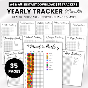 Könnte beinhalten: Ein Bündel von 35 druckbaren A4- und A5-Jahres-Tracker-Seiten mit schwarz-weißen Rastern für Gesundheit, Selbstfürsorge und Finanzen. Enthält ein Mood in Pixels-Diagramm mit einer farbigen Legende zur Verfolgung täglicher Emotionen und Gewohnheiten.