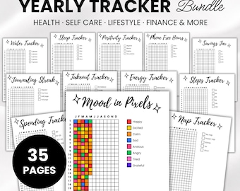 Yearly Trackers Bundle Printable, 35 Habit Tracker Pages, Bullet Journal Trackers, Year in Pixels, Mood Tracker, A4 A5 PDF