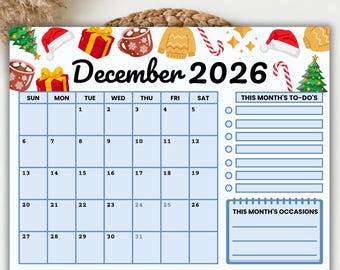 December 2026 Calendar Printable | Monthly Wall Calendar | Family Planner Landscape | Sunday Monday Start | Illustrated Calendar