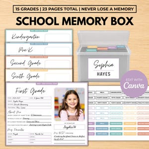 Op de afbeelding: Een schoolherinneringendoos-set met een doorzichtige plastic opbergdoos met een gepersonaliseerd label, meerdere printbare formulieren per leerjaar en kleurrijke tabbladen met indexen voor het organiseren van schoolherinneringen.