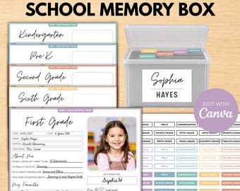 School Memory Box Printable, Editable Memory Box Kit, Kids Keepsake Journal, School Years Keepsake, Preschool-12th Grade Pages, Canva