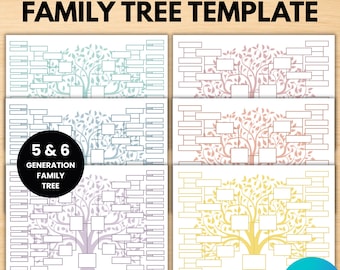 Family Tree Template, Colorful Family Tree Chart, 6 Colors, 5 and 6 Generation, Editable Canva Template, Genealogy Chart, Instant Download