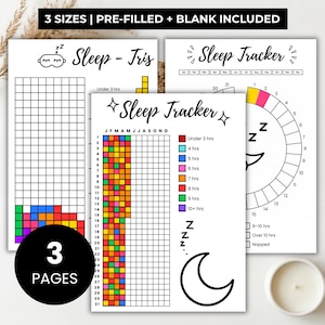 Puede incluir: Tres páginas imprimibles de seguimiento del sueño con texto y gráficos negros sobre papel blanco. Los diseños incluyen gráficos de cuadrícula, un rastreador circular tipo reloj y una leyenda codificada por colores. Texto: 3 SIZES | PRE-FILLED + BLANK INCLUDED.
