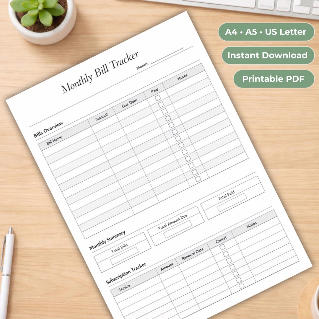 Monthly Bill Tracker Printable, Bill Payment Organizer, Expense Log ...