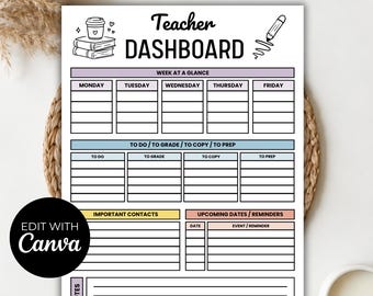 Teacher Dashboard Editable Canva, Weekly Teacher Planner, Classroom Organizer, Teacher Desk Reference, Lesson Planner, US Letter A4