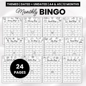 May include: A set of 24 printable bingo game sheets for 12 months, featuring themed black and white illustrations and text for each month from January to December. The pages are organized in a grid layout with headers for each month's bingo.