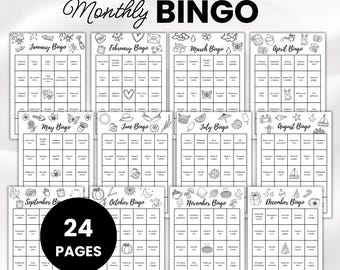 Monthly Bingo Cards Printable, Self Care Habit Tracker Bingo, 12 Month Goal Challenge, Wellness Planner, Filled + Blank A4 A5 PDF